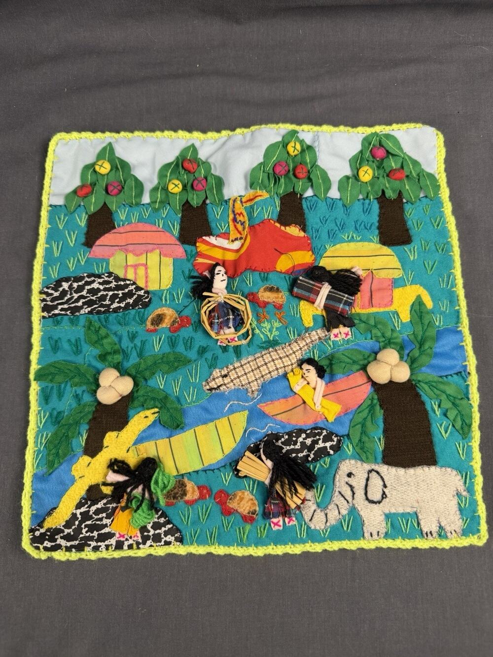 Vintage Peruvian Textile Folk Art Wall Hanging 12X12" Vibrant colors 3-D